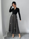 SHEIN Elenzya Elegant Blouse Collar Cinched Waist Mesh Patchwork Sequin Sparkly Midi Dress, Versatile For Fancy Occasion