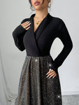 SHEIN Elenzya Elegant Blouse Collar Cinched Waist Mesh Patchwork Sequin Sparkly Midi Dress, Versatile For Fancy Occasion