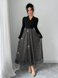 SHEIN Elenzya Elegant Blouse Collar Cinched Waist Mesh Patchwork Sequin Sparkly Midi Dress, Versatile For Fancy Occasion