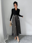 SHEIN Elenzya Elegant Blouse Collar Cinched Waist Mesh Patchwork Sequin Sparkly Midi Dress, Versatile For Fancy Occasion