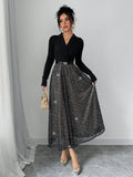 SHEIN Elenzya Elegant Blouse Collar Cinched Waist Mesh Patchwork Sequin Sparkly Midi Dress, Versatile For Fancy Occasion