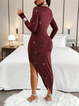 Women's Sexy Side Twist Deep V- Neck Long Sleeves High Slit Bodycon Midi Dress With Glitter Detail For Dating, Formal Dinner ,Dates, Gatherings, Birthdays, Parties,Christmas,Valentines Day