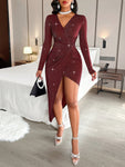 Women's Sexy Side Twist Deep V- Neck Long Sleeves High Slit Bodycon Midi Dress With Glitter Detail For Dating, Formal Dinner ,Dates, Gatherings, Birthdays, Parties,Christmas,Valentines Day