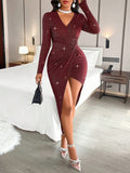 Women's Sexy Side Twist Deep V- Neck Long Sleeves High Slit Bodycon Midi Dress With Glitter Detail For Dating, Formal Dinner ,Dates, Gatherings, Birthdays, Parties,Christmas,Valentines Day