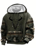 3D Digital Print Bull Pattern Men's Hoodie With Kangaroo Pocket, Casual Long Sleeve Hooded Sweatshirt, Suitable For Outdoor