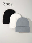 3pcs Men's Simple Solid Color Fashionable Winter Unisex Thickened Warm Winter Hat Halloween