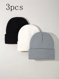 3pcs Men's Simple Solid Color Fashionable Winter Unisex Thickened Warm Winter Hat Halloween