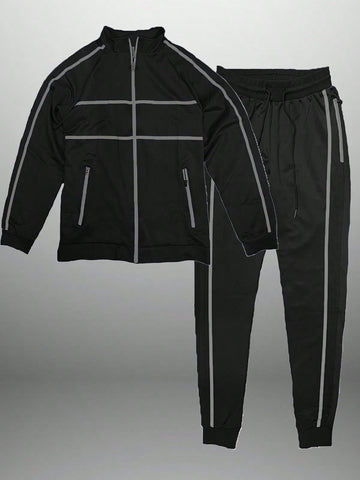 Mens Stripe Tape Zip Up Jacket And  Jogger Set Co-Ord Long Sleeve Two-Piece Set