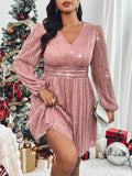 SHEIN Privé Plus Size Women V-Neck Lantern Sleeve Glitter Elegant Short Dress