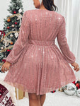 SHEIN Privé Plus Size Women V-Neck Lantern Sleeve Glitter Elegant Short Dress