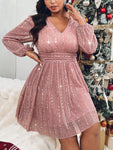 SHEIN Privé Plus Size Women V-Neck Lantern Sleeve Glitter Elegant Short Dress