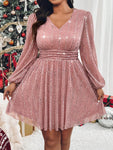 SHEIN Privé Plus Size Women V-Neck Lantern Sleeve Glitter Elegant Short Dress