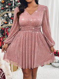 SHEIN Privé Plus Size Women V-Neck Lantern Sleeve Glitter Elegant Short Dress