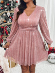 SHEIN Privé Plus Size Women V-Neck Lantern Sleeve Glitter Elegant Short Dress