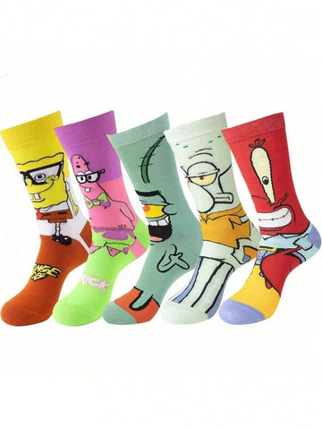 Disney 5 Pairs Of Men's Spongebob Fashion Cartoon Women's Socks Animated Socks - Breathable, Durable, Soft - Neutral Staff Socks, Four Seasons Suitable For Outdoor Wear - Very Comfortable, Crazy Happy Socks Novelty Socks