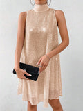 SHEIN Allurite 1pc Women's Solid Color Stand Collar Sequin Embellished Loose A-Line Dress