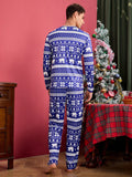 Manfinity Happy Jammies Men's Snowflake Print Crew Neck Long Sleeve Sweatshirt And Pants Loungewear Set, For Christmas