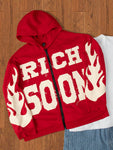 Manfinity EMRG Men's Casual Letter Print Zip Up Hoodie Sweatshirt, Autumn/Winter,Boy Friend Gifts,Funny Graphic Men Sweatshirt,Red Men's Cardigan Sweatshirt With A Print "RICH SOON"