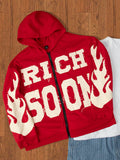 Manfinity EMRG Men's Casual Letter Print Zip Up Hoodie Sweatshirt, Autumn/Winter,Boy Friend Gifts,Funny Graphic Men Sweatshirt,Red Men's Cardigan Sweatshirt With A Print "RICH SOON"