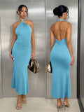 SHEIN Allurite Plain Color Halter Backless Twist Long Dress, Casual Everyday Wear