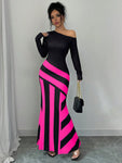 SHEIN Elenzya Sexy Women Black And White Asymmetrical Neck Ruched Striped Mermaid Hem Dress