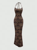 SHEIN MOOSTA Women Leopard Print Halter Neck Bodycon Fish Tail Dress