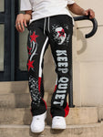 Manfinity Streetrush Men's Dark Street Red And Black Color Matching Graffiti Print Flared Sweatpants ,Streetwear ,Graphic Sweatpants ,Halloween Clothes