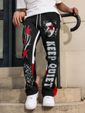 Manfinity Streetrush Men's Dark Street Red And Black Color Matching Graffiti Print Flared Sweatpants ,Streetwear ,Graphic Sweatpants ,Halloween Clothes