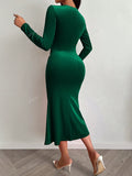 Solid Dark Green Color Ruched Long Sleeves Mermaid Hem Velvet Midi Dress,Fall Women Clothes,Elegance And Fashionable,Going Outside And Join Party