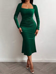 Solid Dark Green Color Ruched Long Sleeves Mermaid Hem Velvet Midi Dress,Fall Women Clothes,Elegance And Fashionable,Going Outside And Join Party