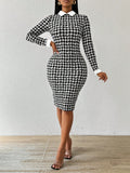 SHEIN Lady Spring And Summer  Office Dress  Dresses  Casual Elegant Work Houndstooth Bodycon Dress Shirt Collar Tweed Women Dresses