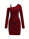 1pc Women's Glittery Print Asymmetrical Neck Long Sleeve Fitted Elegant Dress, Spring/Summer