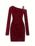 1pc Women's Glittery Print Asymmetrical Neck Long Sleeve Fitted Elegant Dress, Spring/Summer