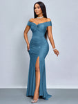 SOLERSUN Twisted Off Shoulder Backless Strap High Slit Mermaid Dress