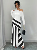 SHEIN Elenzya Sexy Women Black And White Asymmetrical Neck Ruched Striped Mermaid Hem Dress