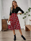 EMERY ROSE Women's Plaid Print V-Neck Long Sleeve Elegant Dress