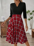 EMERY ROSE Women's Plaid Print V-Neck Long Sleeve Elegant Dress