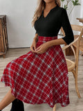 EMERY ROSE Women's Plaid Print V-Neck Long Sleeve Elegant Dress