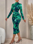 Spring/Fall Fashion Random Print Ruffle Cut-Out Bodycon Dress