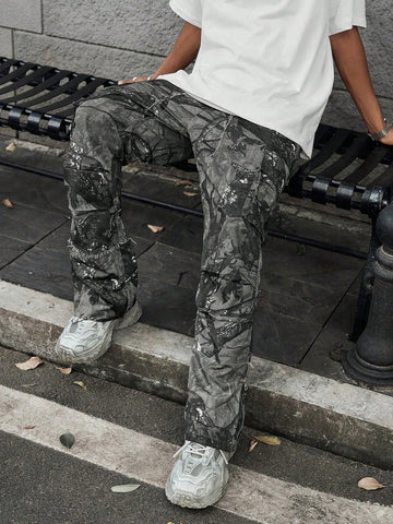 Manfinity Streetrush Vintage Loose Multi-Pocket Cargo Pants, Streetwear Style,Camo Pants