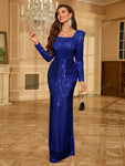 UNITHORSE Sparkly Long Sleeve Cocktail Dress With Square Neckline Elegant Formal Evening Prom Wedding Guest Gown, For Graduation, Dinner