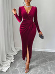 Women's Deep V-Neck Puff Sleeve Wrap Hem Velvet Dress, Wedding Event Dress