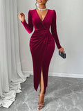 Women's Deep V-Neck Puff Sleeve Wrap Hem Velvet Dress, Wedding Event Dress