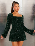 SHEIN SXY Square Neck, Bell Sleeve, Backless, Tie Back, Sequin Decor A-Line Party Club Dressparty Dress