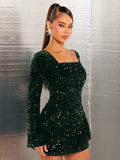 SHEIN SXY Square Neck, Bell Sleeve, Backless, Tie Back, Sequin Decor A-Line Party Club Dressparty Dress