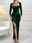 Women's Solid Color Sweetheart Neck Long Sleeve Twist Waist Side Slit Hem Dress, Elegant And Graceful For Spring/Summer