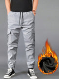 Manfinity Homme Men Drawstring Waist Flap Pocket Side Thermal Lined Cargo Pants Tapered Long Slacks Plain Black Going Out