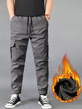 Manfinity Homme Men Drawstring Waist Flap Pocket Side Thermal Lined Cargo Pants Tapered Long Slacks Plain Black Going Out