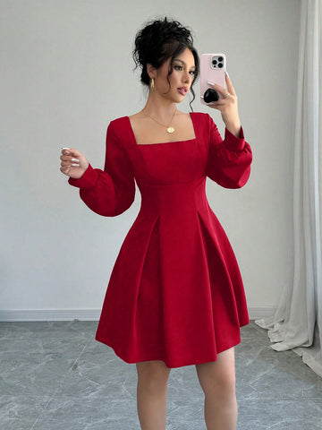 SHEIN Privé Women Square Collar Tie Waist Solid Color Dress, Autumn For New Year Clothes