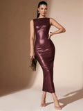 SHEIN BAE Women Sleeveless PU Leather Fitted Long Dress